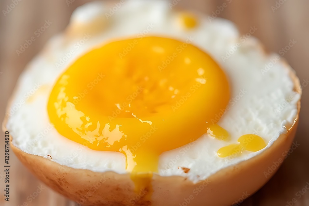 single, sunny-side-up fried egg sits on a neutral wooden surface. single, sunny-side-up fried egg sits on a neutral wooden surface.