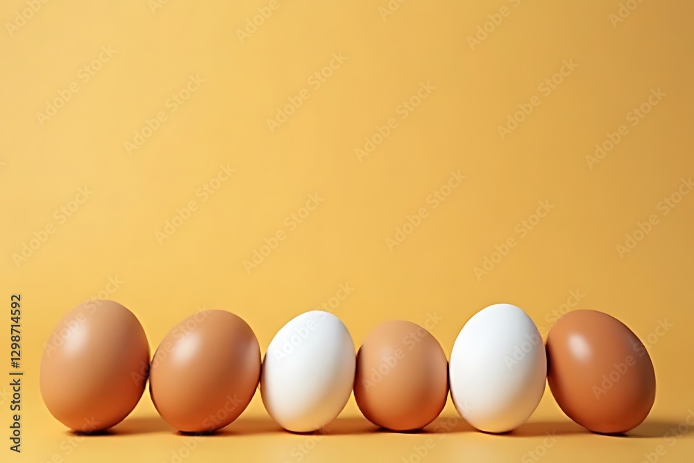 Six eggs, alternating brown and white, stand on a yellow background. Six eggs, alternating brown and white, stand on a yellow background.