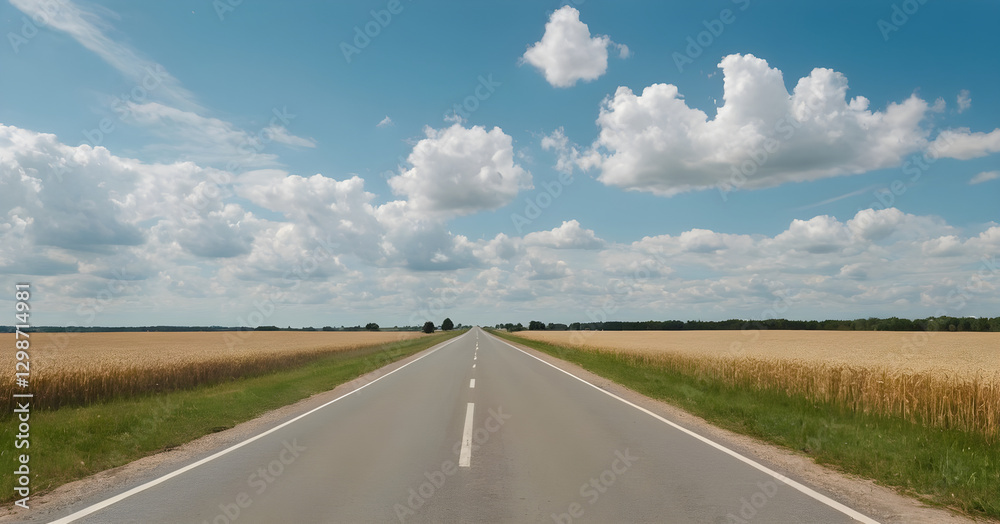 Straight asphalt road passing through wheat fields under blue sky with cumulus clouds in summertime Straight asphalt road passing through wheat fields under blue sky with cumulus clouds in summertime