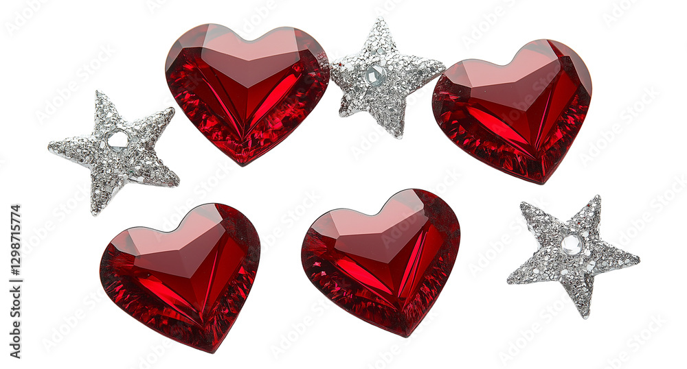 5 different crystal-red and silver heart-shaped stickers in the shape of stars on a transparent background. 5 different crystal-red and silver heart-shaped stickers in the shape of stars on a transparent background.