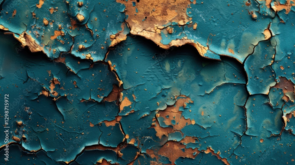 Peeling teal and gold paint on weathered surface Peeling teal and gold paint on weathered surface