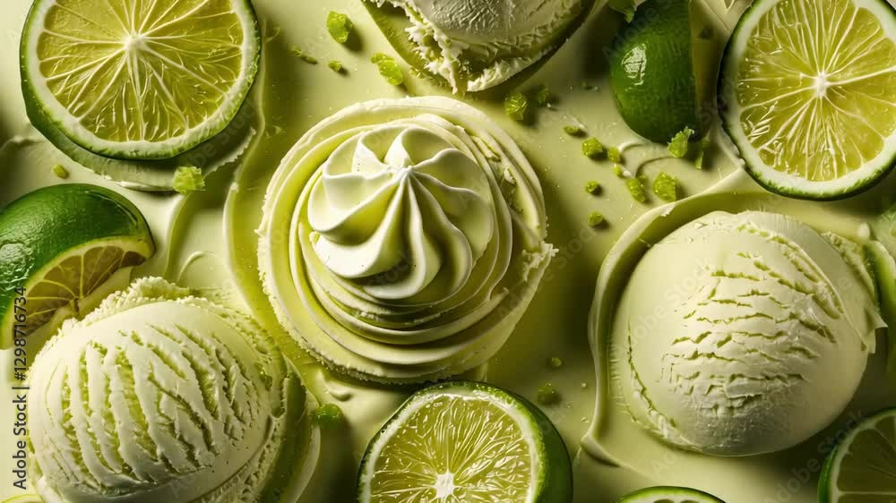A creamy and smooth background featuring lime ice cream in a vibrant green hue, captured in slow motion