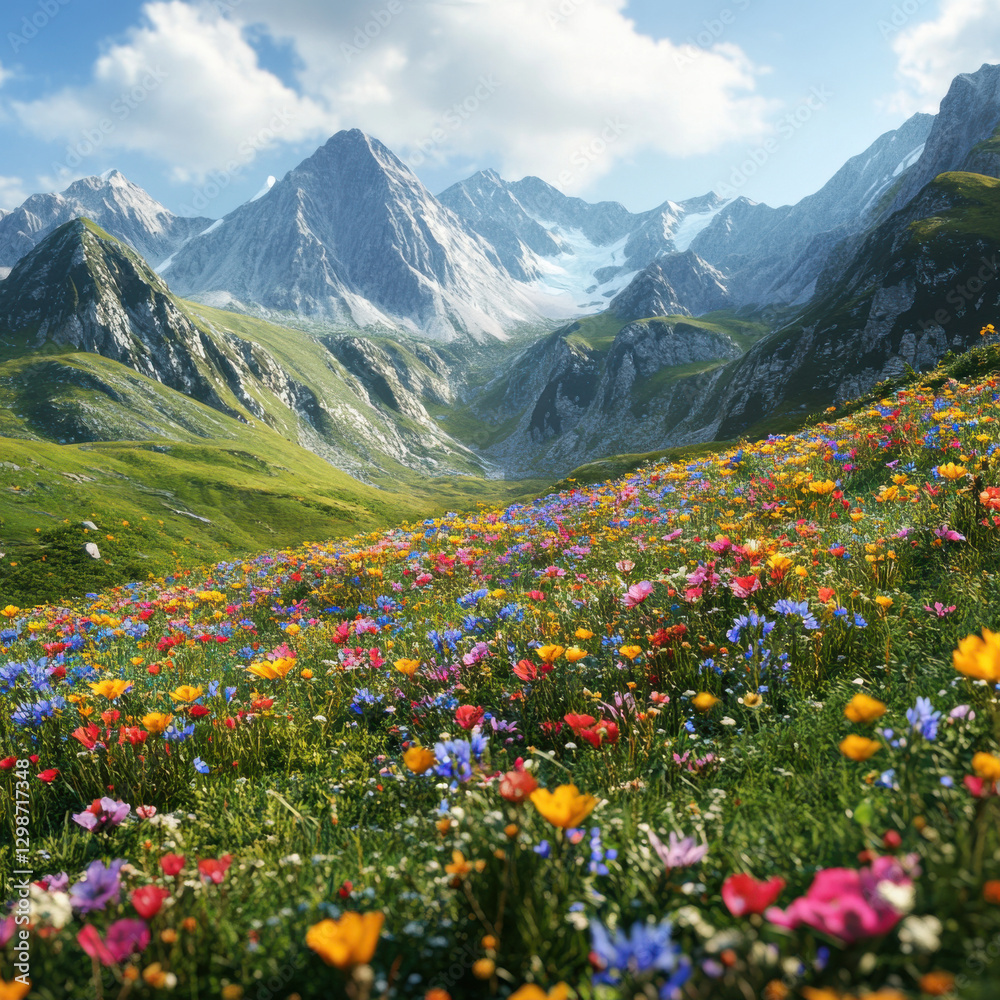 Fototapeta premium A high-altitude plateau covered in colorful alpine flowers, dramatic mountain backdrop, bright clear sky, rich crisp textures, ultra-detailed photography. 