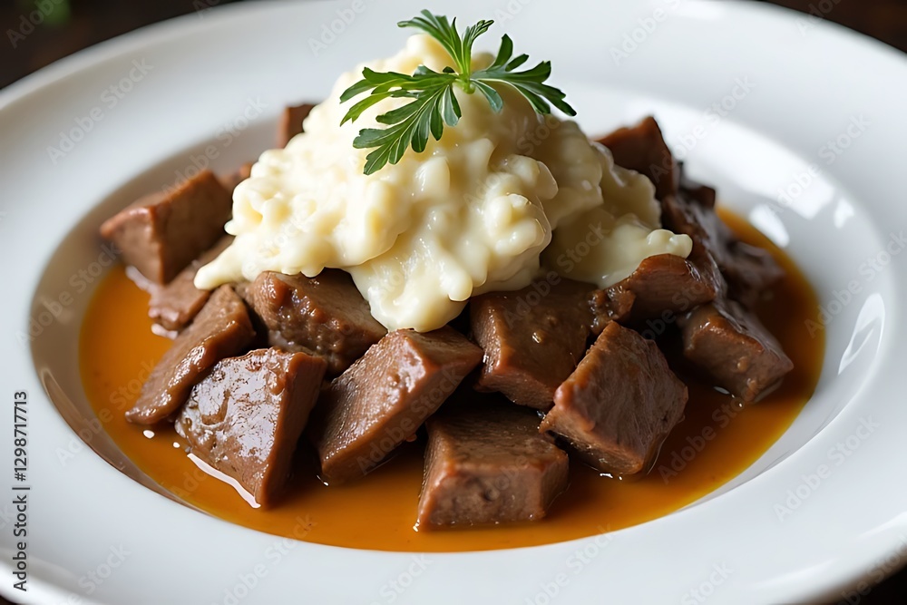 white plate holds cubed meat in sauce, topped with mashed potatoes. white plate holds cubed meat in sauce, topped with mashed potatoes.