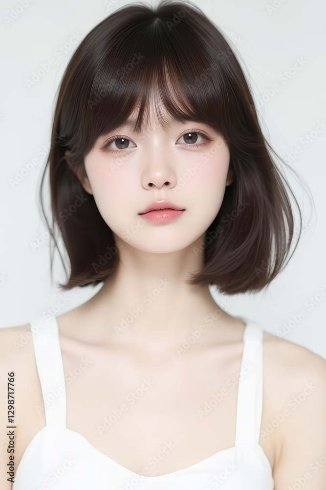 Female Asian Model with Short Hair - Young Beautiful Woman with Bob Haircut - Studio Portrait of Asian Beauty for Fashion, Cosmetic, Skincare - Posing on White Background - Smooth Hair Female Asian Model with Short Hair - Young Beautiful Woman with Bob Haircut - Studio Portrait of Asian Beauty for Fashion, Cosmetic, Skincare - Posing on White Background - Smooth Hair