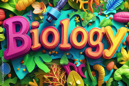 Exploring biology with vibrant leaves and intricate life forms in a colorful arrangement