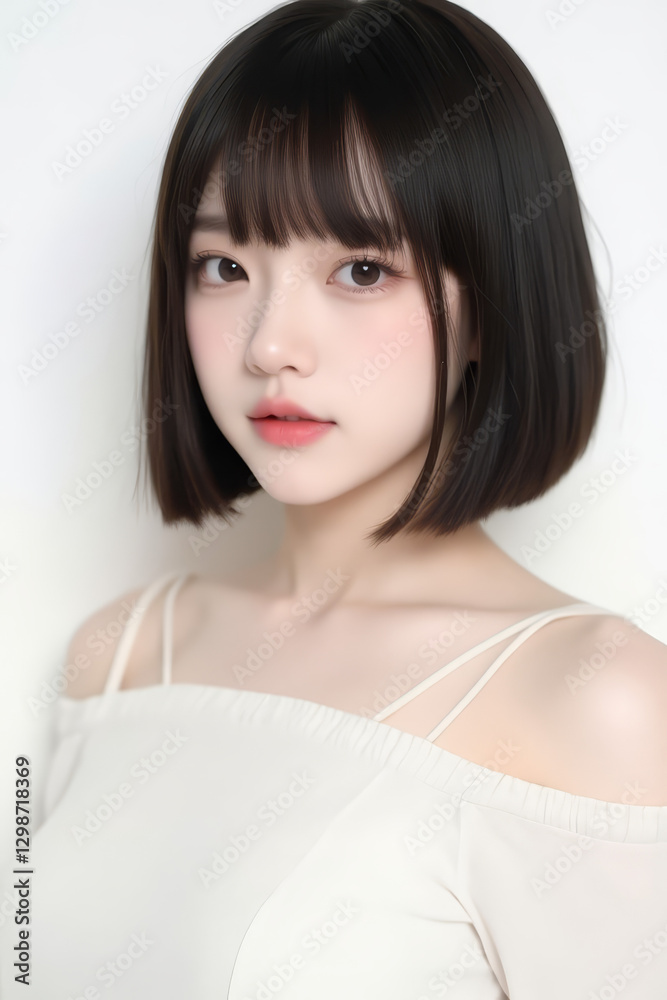Female Asian Model with Short Hair - Young Beautiful Woman with Bob Haircut - Studio Portrait of Asian Beauty for Fashion, Cosmetic, Skincare - Posing on White Background - Smooth Hair Female Asian Model with Short Hair - Young Beautiful Woman with Bob Haircut - Studio Portrait of Asian Beauty for Fashion, Cosmetic, Skincare - Posing on White Background - Smooth Hair