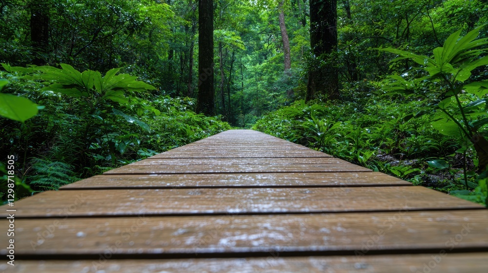 Fototapeta premium Wet wooden boardwalk leads into a lush green forest during a peaceful rainy day.