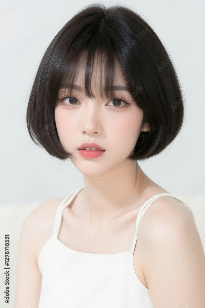 Female Asian Model with Short Hair - Young Beautiful Woman with Bob Haircut - Studio Portrait of Asian Beauty for Fashion, Cosmetic, Skincare - Posing on White Background - Smooth Hair Female Asian Model with Short Hair - Young Beautiful Woman with Bob Haircut - Studio Portrait of Asian Beauty for Fashion, Cosmetic, Skincare - Posing on White Background - Smooth Hair