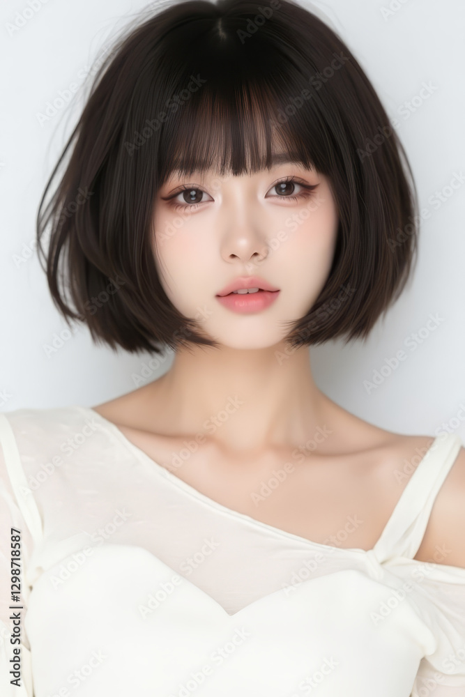 Female Asian Model with Short Hair - Young Beautiful Woman with Bob Haircut - Studio Portrait of Asian Beauty for Fashion, Cosmetic, Skincare - Posing on White Background - Smooth Hair Female Asian Model with Short Hair - Young Beautiful Woman with Bob Haircut - Studio Portrait of Asian Beauty for Fashion, Cosmetic, Skincare - Posing on White Background - Smooth Hair