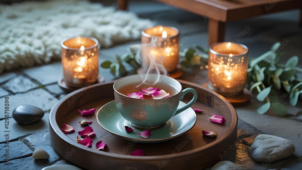 Fototapeta premium A relaxing spa-inspired setting with a cup of herbal tea, scented candles, and a cozy atmosphere