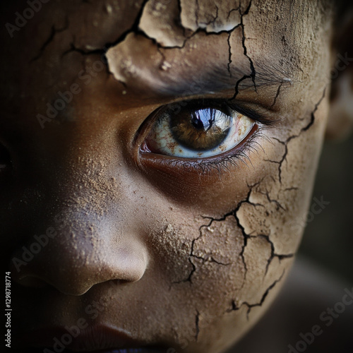 A high-resolution macro shot of cracked lips and empty eyes of a starving child, muted earthy tones, raw documentary-style photography, powerful emotional depth, hunger crisis awareness. 