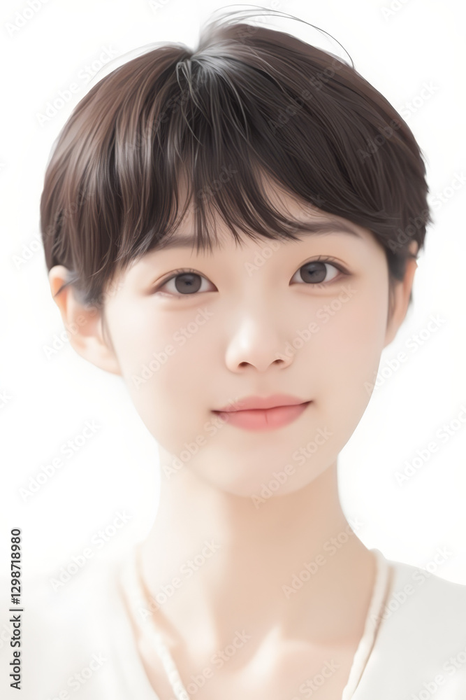 Female Asian Model with Short Hair - Young Beautiful Woman with Bob Haircut - Studio Portrait of Asian Beauty for Fashion, Cosmetic, Skincare - Posing on White Background - Smooth Hair Female Asian Model with Short Hair - Young Beautiful Woman with Bob Haircut - Studio Portrait of Asian Beauty for Fashion, Cosmetic, Skincare - Posing on White Background - Smooth Hair