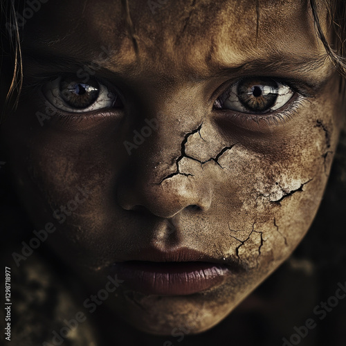 A high-resolution macro shot of cracked lips and empty eyes of a starving child, muted earthy tones, raw documentary-style photography, powerful emotional depth, hunger crisis awareness. 