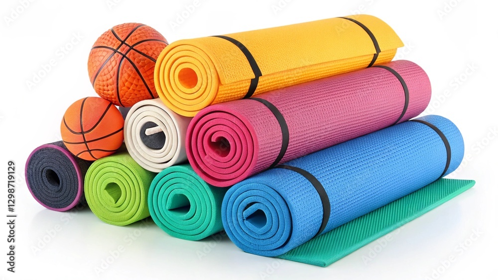 A row of brightly colored yoga mats, neatly rolled and ready for a fitness class or workout session. Isolated on a white studio background A row of brightly colored yoga mats, neatly rolled and ready for a fitness class or workout session. Isolated on a white studio background
