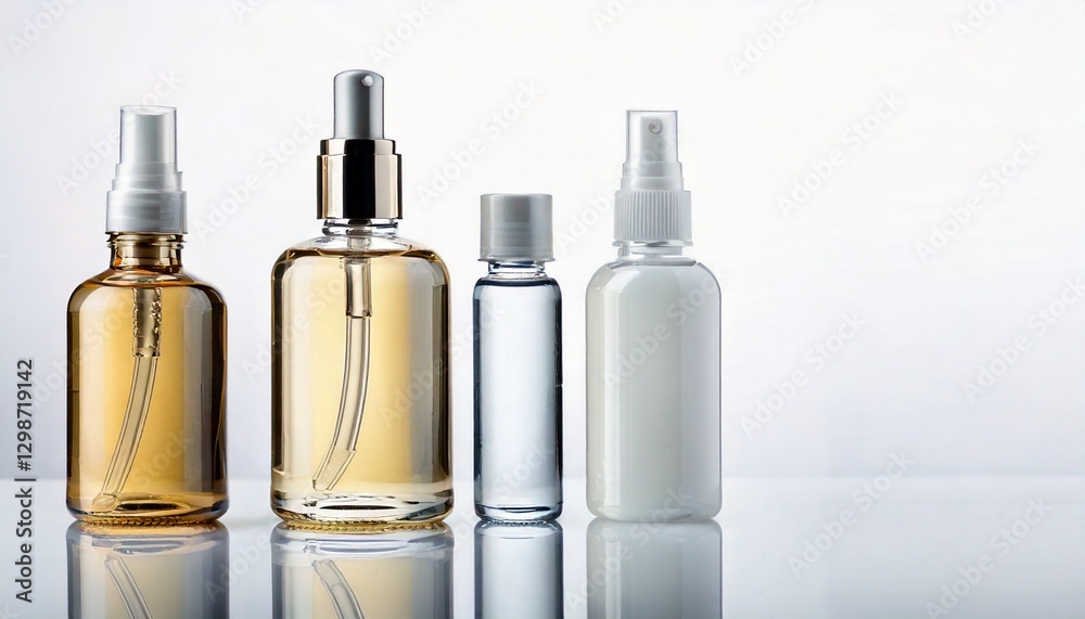 various cosmetic bottles, each containing different liquids, are arranged in a row, showcasing diverse products and options. They present elegance and luxury, with sleek design. various cosmetic bottles, each containing different liquids, are arranged in a row, showcasing diverse products and options. They present elegance and luxury, with sleek design.