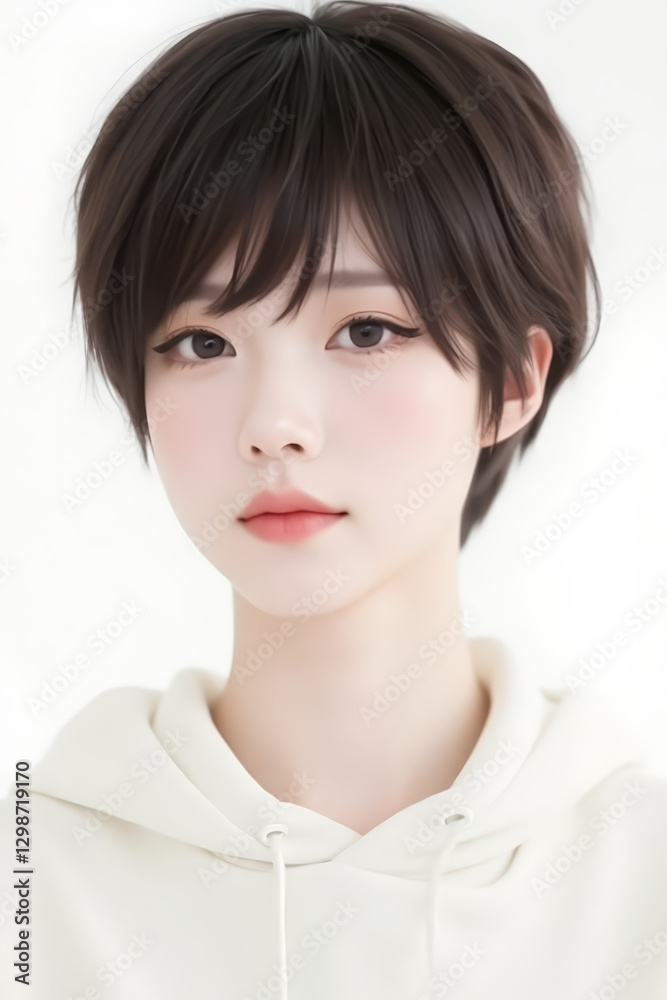 Female Asian Model with Short Hair - Young Beautiful Woman with Bob Haircut - Studio Portrait of Asian Beauty for Fashion, Cosmetic, Skincare - Posing on White Background - Smooth Hair Female Asian Model with Short Hair - Young Beautiful Woman with Bob Haircut - Studio Portrait of Asian Beauty for Fashion, Cosmetic, Skincare - Posing on White Background - Smooth Hair