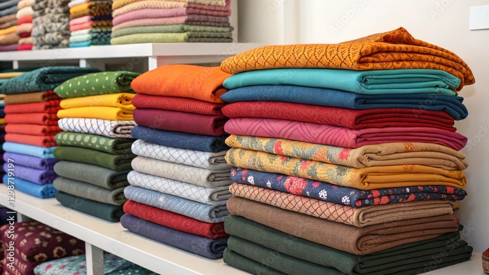 Retail presentation of folded sweaters and knitted tops on a shop counter, offering a range of styles and colors for the colder seasons Retail presentation of folded sweaters and knitted tops on a shop counter, offering a range of styles and colors for the colder seasons
