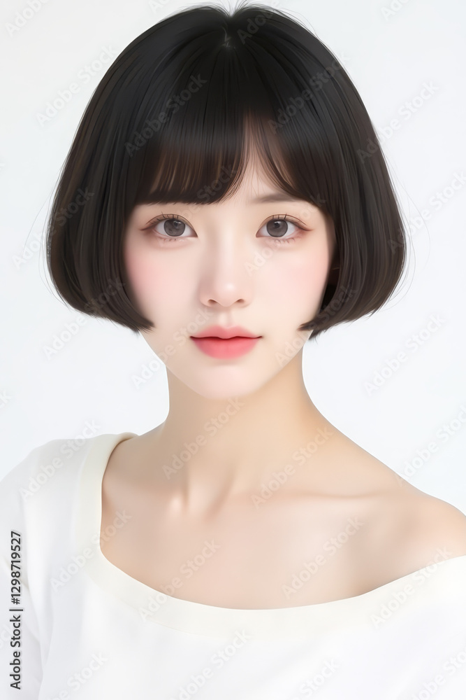 Female Asian Model with Short Hair - Young Beautiful Woman with Bob Haircut - Studio Portrait of Asian Beauty for Fashion, Cosmetic, Skincare - Posing on White Background - Smooth Hair Female Asian Model with Short Hair - Young Beautiful Woman with Bob Haircut - Studio Portrait of Asian Beauty for Fashion, Cosmetic, Skincare - Posing on White Background - Smooth Hair