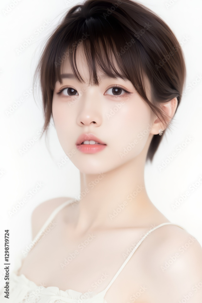 Female Asian Model with Short Hair - Young Beautiful Woman with Bob Haircut - Studio Portrait of Asian Beauty for Fashion, Cosmetic, Skincare - Posing on White Background - Smooth Hair Female Asian Model with Short Hair - Young Beautiful Woman with Bob Haircut - Studio Portrait of Asian Beauty for Fashion, Cosmetic, Skincare - Posing on White Background - Smooth Hair