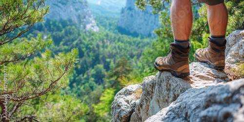 Adventurer standing on rocky ledge overlooking lush landscape in bright daylight