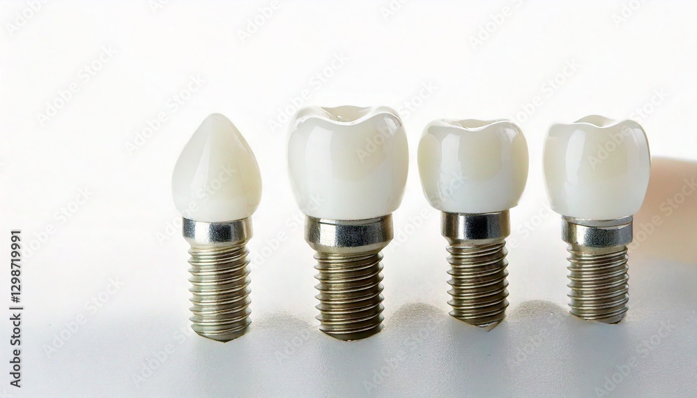 four dental implants in a row, showcasing the precision and technology in dental care. Close-up shot of the artificial teeth four dental implants in a row, showcasing the precision and technology in dental care. Close-up shot of the artificial teeth