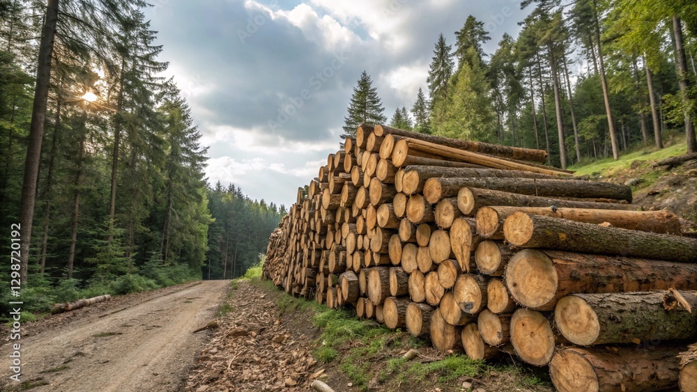 Rustic scene with freshly harvested wood logs piled high alongside a dirt track in a dense forest, emphasizing raw materials and nature Rustic scene with freshly harvested wood logs piled high alongside a dirt track in a dense forest, emphasizing raw materials and nature