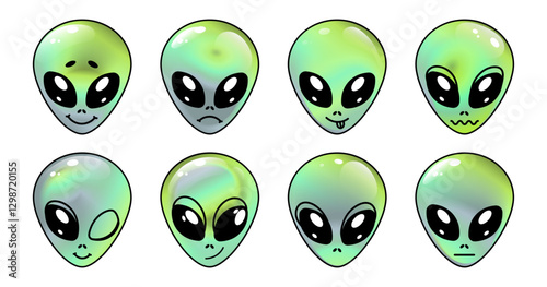 Green alien heads displaying various facial expressions set, including happy, sad, surprised, and mischievous. Vector illustration is ideal for sticker designs, emojis, icons, digital art,sci-fi,print