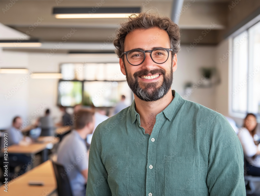 Smiling businessman with eyeglasses standing in busy office