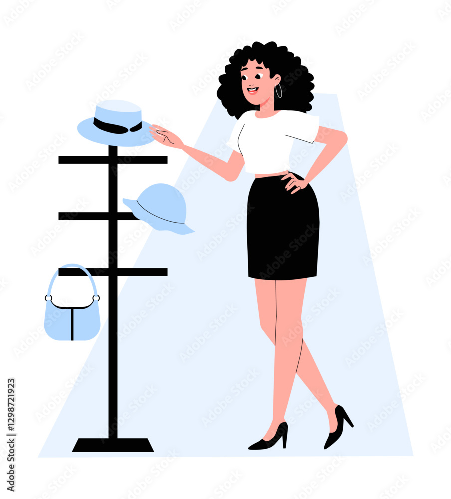 Woman Browsing Hats And Bags In Flat Vector Illustration Symbolizing Fashion Accessories Shopping, Style Selection, And Retail Experience, Isolated On White Background