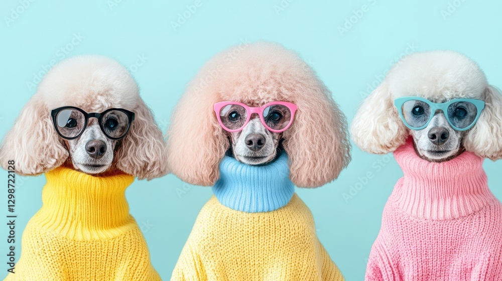 Obraz premium Three cute poodles wearing colorful sweaters and glasses against a blue background, showcasing trendy pet fashion and playful dog accessories in studio setting.