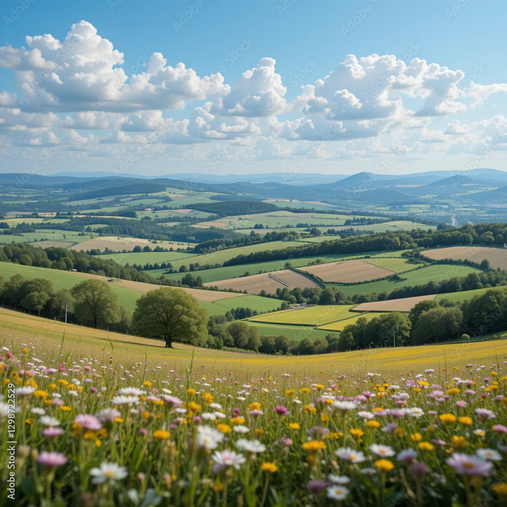 Scenic rural landscape featuring rolling hills and blooming flower fields under a bright sky