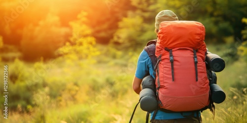 Hiker exploring a scenic trail during golden hour in a lush green forest