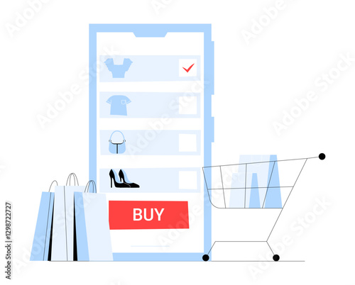 Mobile Shopping And Online Purchasing In Flat Vector Illustration Symbolizing E Commerce, Digital Shopping, And Retail Technology, Isolated On White Background