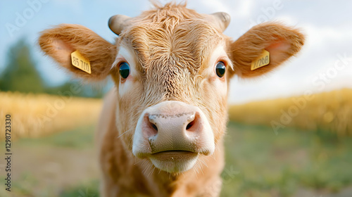 Young calf in cornfield, sunny day. Agricultural scene