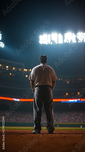 A baseball umpire standing on the field looking towards the stadium lights