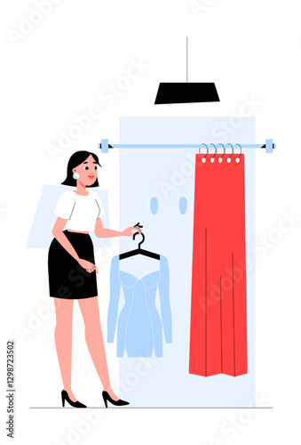 Woman Shopping In Fashion Store Fitting Room In Flat Vector Illustration Symbolizing Retail Shopping, Personal Style, And Fashion Choices, Isolated On White Background