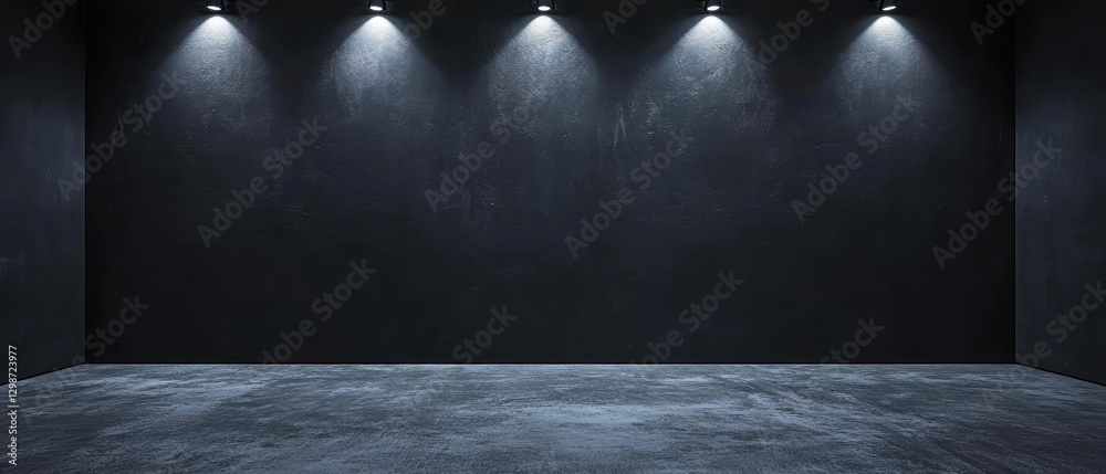 Empty industrial room with concrete floor and dark textured walls illuminated by overhead spotlights, perfect for photography and creative background use. Empty industrial room with concrete floor and dark textured walls illuminated by overhead spotlights, perfect for photography and creative background use.