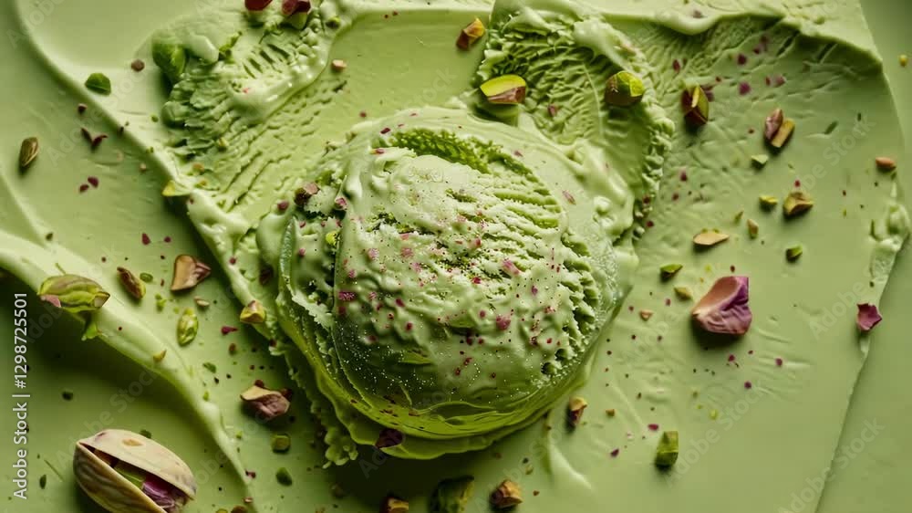 A creamy and smooth background in slow motion, featuring pistachio ice cream in a soft green hue