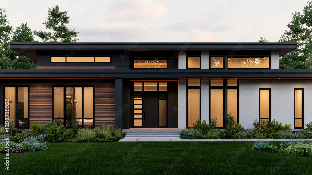 Modern eco friendly smart home with large windows and lush landscaping, showcasing blend of natural materials and contemporary design Modern eco friendly smart home with large windows and lush landscaping, showcasing blend of natural materials and contemporary design