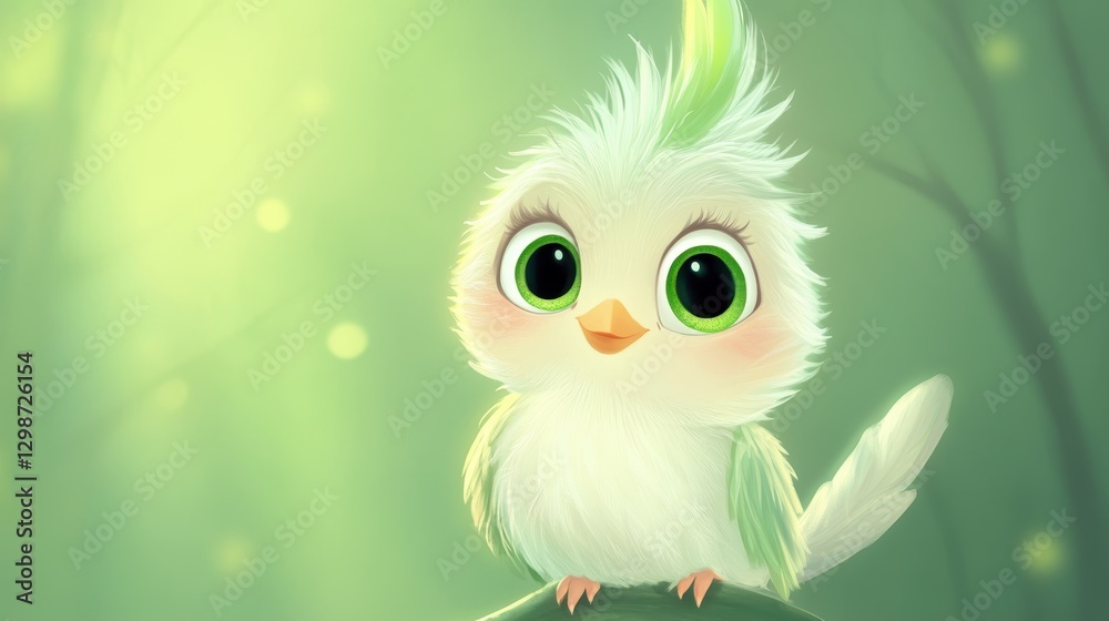 Fototapeta premium Cute cartoon bird character with big eyes and fluffy feathers in a whimsical forest setting, ideal for childrens book covers and animated projects.