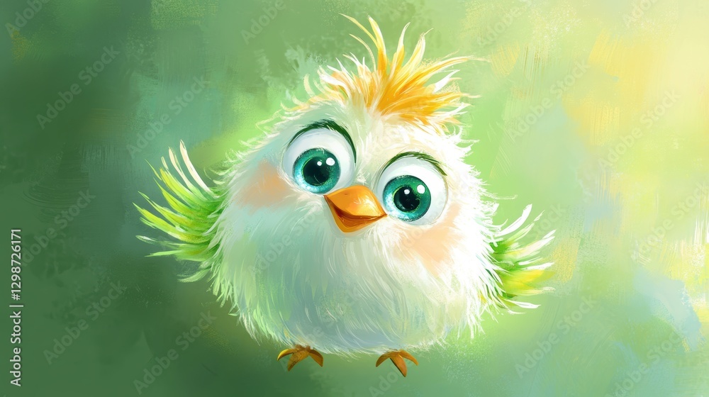 Cute cartoon bird character with big eyes and colorful feathers flying in a vibrant green landscape, perfect for childrens media and nature themes. Cute cartoon bird character with big eyes and colorful feathers flying in a vibrant green landscape, perfect for childrens media and nature themes.