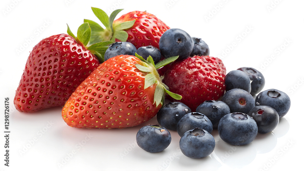 A pile of fresh strawberries and blueberries on a white surface A pile of fresh strawberries and blueberries on a white surface