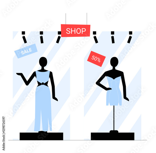 Fashion Store Window Display With Mannequins In Flat Vector Illustration Symbolizing Retail Shopping, Discounts, And Style Trends, Isolated On White Background