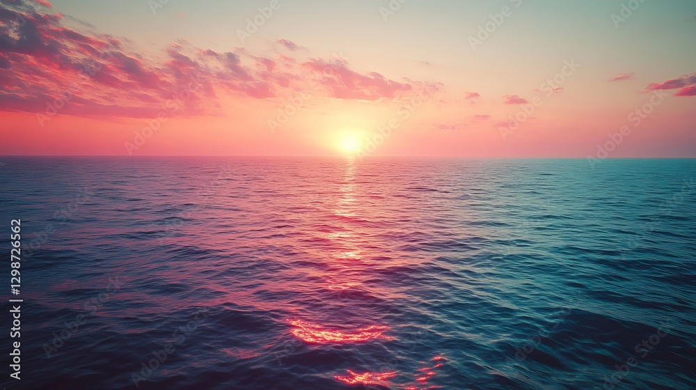 Obraz premium Serene Pink Sunset over Calm Ocean Water Peaceful Pink Sky Beautiful Horizon Tranquil Seascape Summer Evening Romantic Sunset Scene Idyllic Ocean View