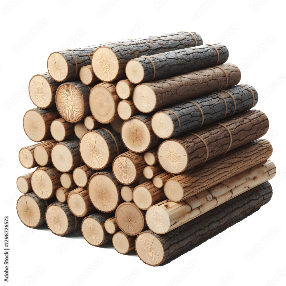 several stacked wooden logs isolated on white background