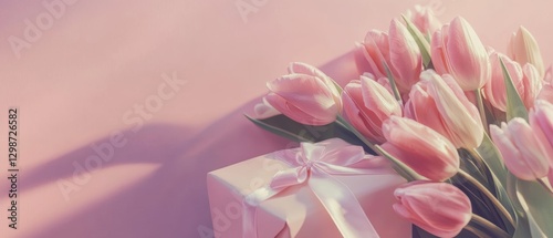 Wallpaper Mural Pink tulips bouquet with gift box on soft pastel background, spring flowers, mothers day present, romantic decor, celebration, floral arrangement, gift ideas. Torontodigital.ca