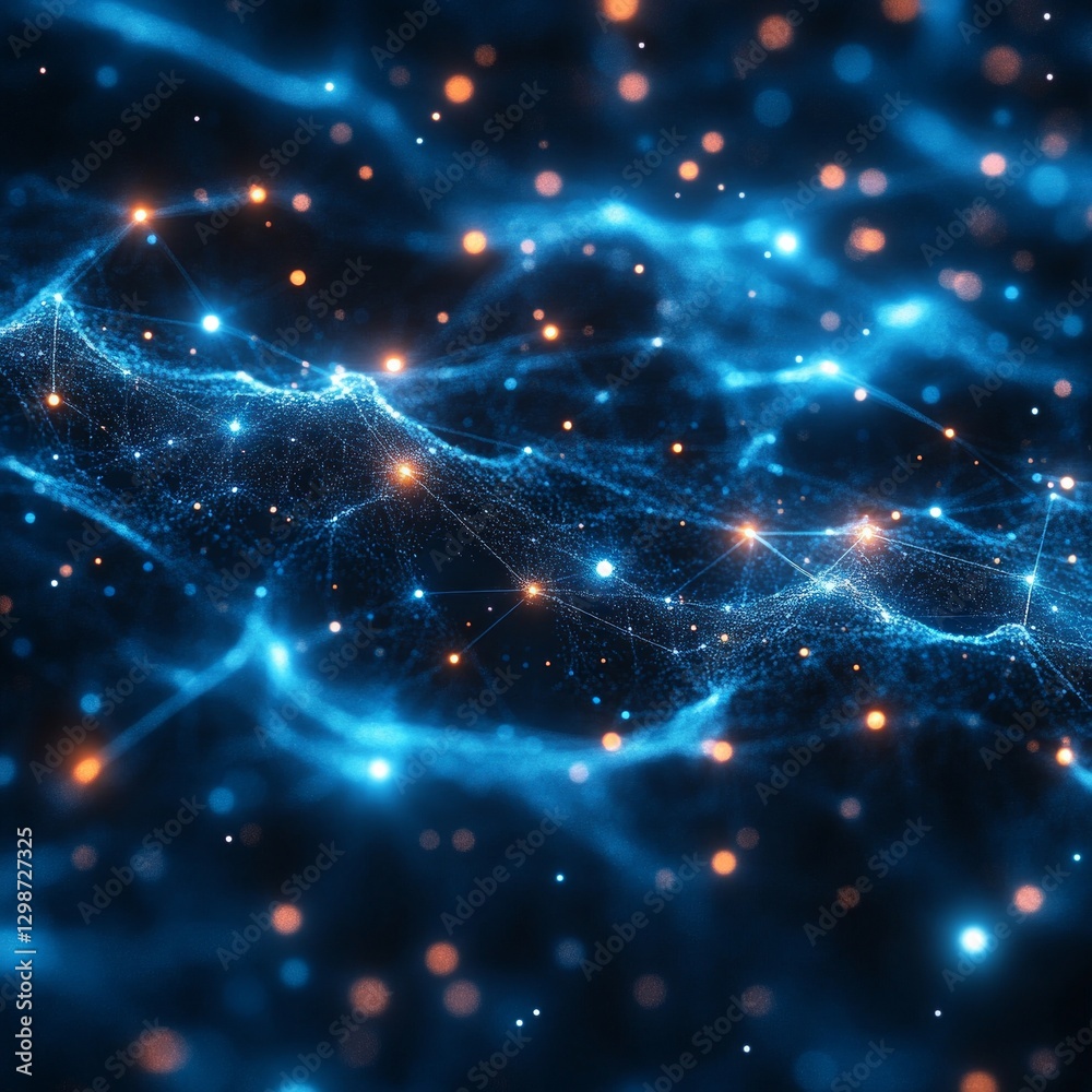 Dynamic blue network with glowing connections and data nodes in cosmic space Dynamic blue network with glowing connections and data nodes in cosmic space
