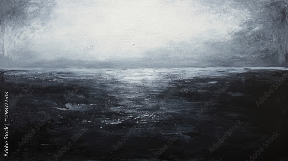 Obraz premium Ocean landscape abstract painting in black and white with calm water reflection, modern art decor for home, office, serenity, and minimalism.