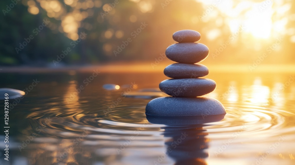 Calm and Serene Stacked Stones on Water Surface at Sunset Glow Calm and Serene Stacked Stones on Water Surface at Sunset Glow